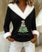 Women's V-Neck Christmas Sweater with Faux Fur Trim and Festive Tree Pattern | Long Sleeve Holiday Party Jumper for Winter