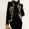 Women's Black Velvet Jacket – Gold Floral Embroidered Long Sleeve Button-Up Coat