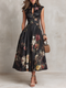 Black Floral Satin Pleated Midi Dress