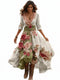 Women's V-Neck Floral Midi Dress with Asymmetrical Hem