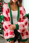 Women's Pink Plaid Christmas Cardigan – Open Front Knit Sweater with Green Trim and Bow Details