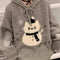 Women's Gray Hooded Knit Sweater with Cute Cartoon Bear Print – Cozy Winter Pullover