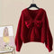 Women's V-Neck Knit Sweater with Large Bow – Elegant Batwing Sleeve Pullover