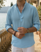 Men's Cotton Long Sleeve Shirt with Mandarin Collar Solid Color