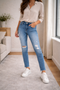 Women's Distressed Raw-Edged Stretch Jeans
