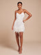 Women's Fringe Mini Dress with Feather Trim Hem | V-Neck Spaghetti Strap Cocktail Party Dress for Holiday and Evening Wear